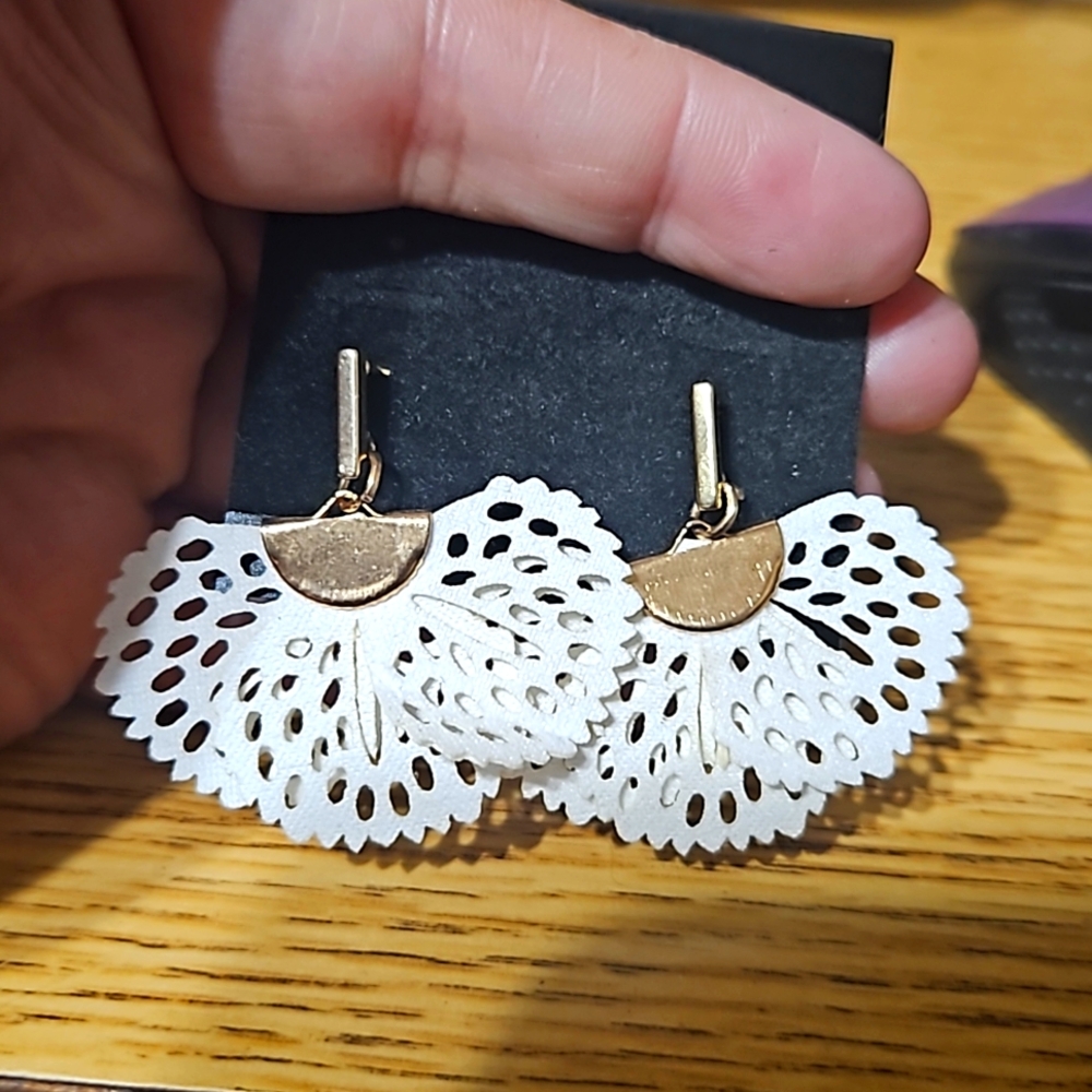 white with gold toned accents fan earrings
